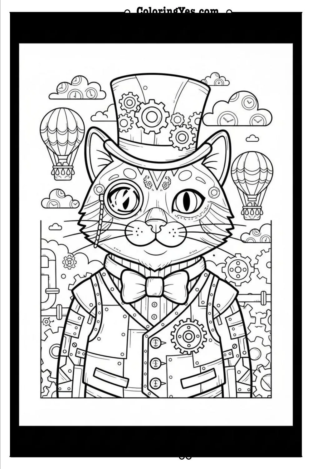 Victorian steampunk cat coloring pages-steampunk cat gears coloring-Coloringyes.com
