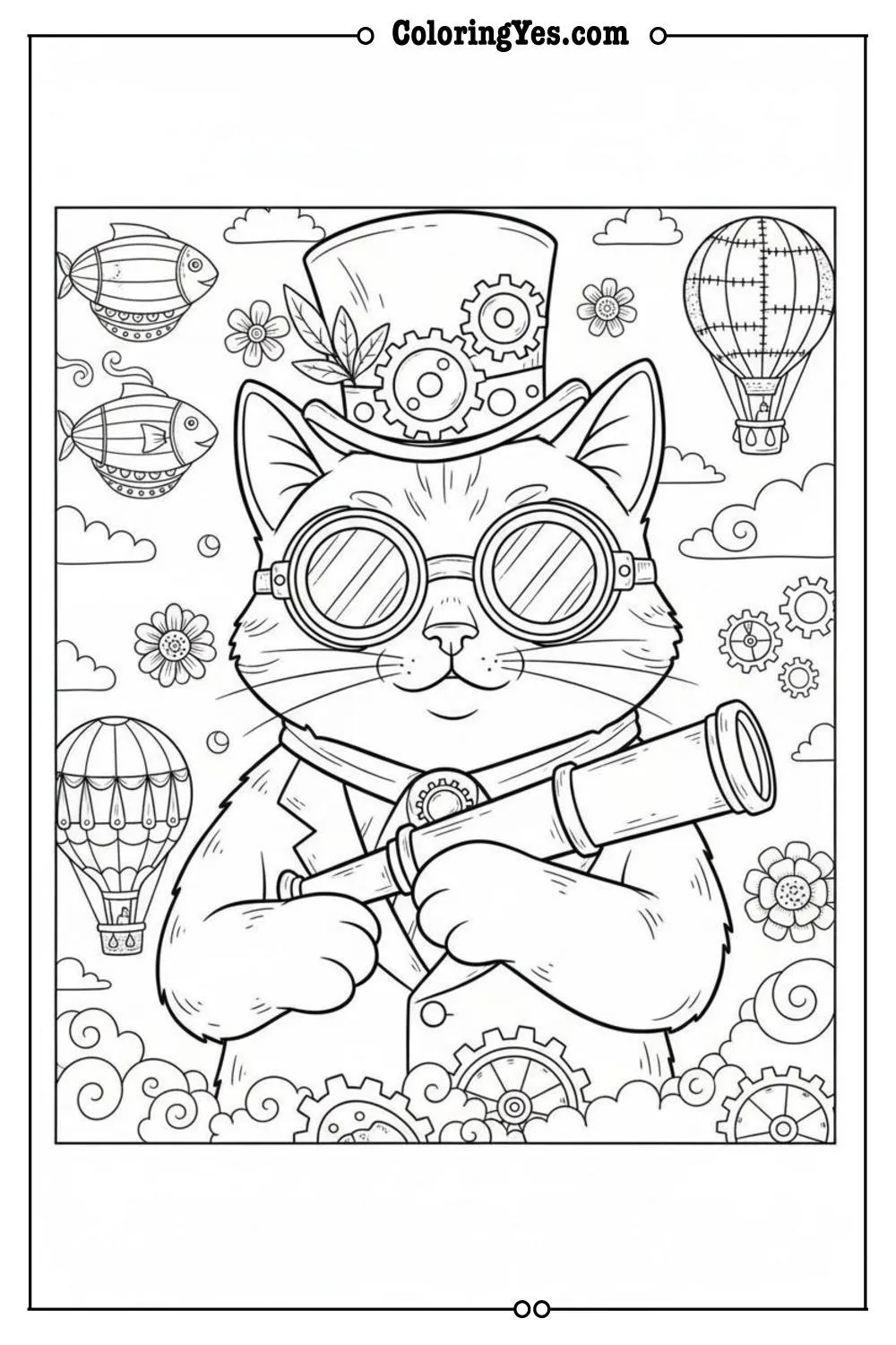 Victorian steampunk cat coloring pages-steampunk cat goggles coloring-Coloringyes.com
