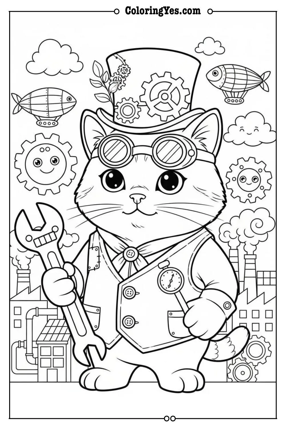 Victorian steampunk cat coloring pages-steampunk cat industrial coloring-Coloringyes.com