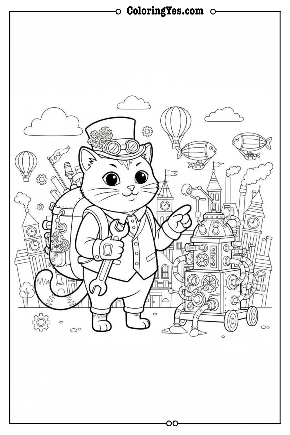 Victorian steampunk cat coloring pages-steampunk cat inventor coloring-Coloringyes.com