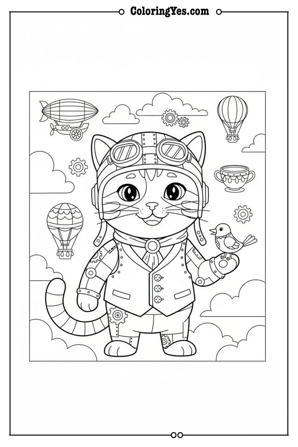 Victorian steampunk cat coloring pages-steampunk cat mechanical coloring-Coloringyes.com