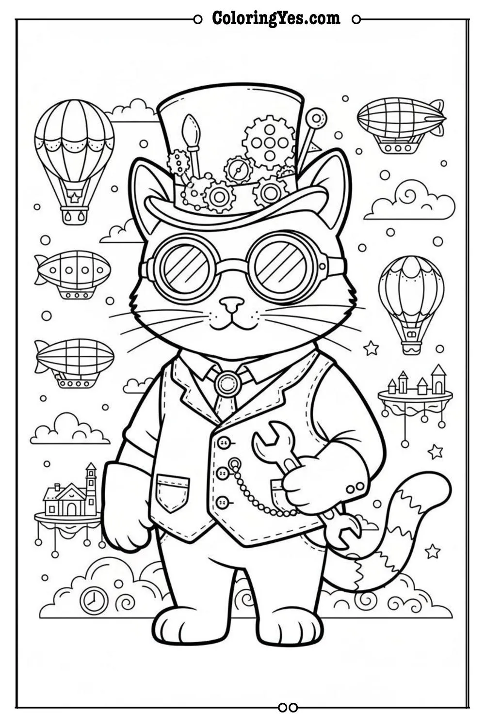 Victorian steampunk cat coloring pages-steampunk cat retro coloring-Coloringyes.com