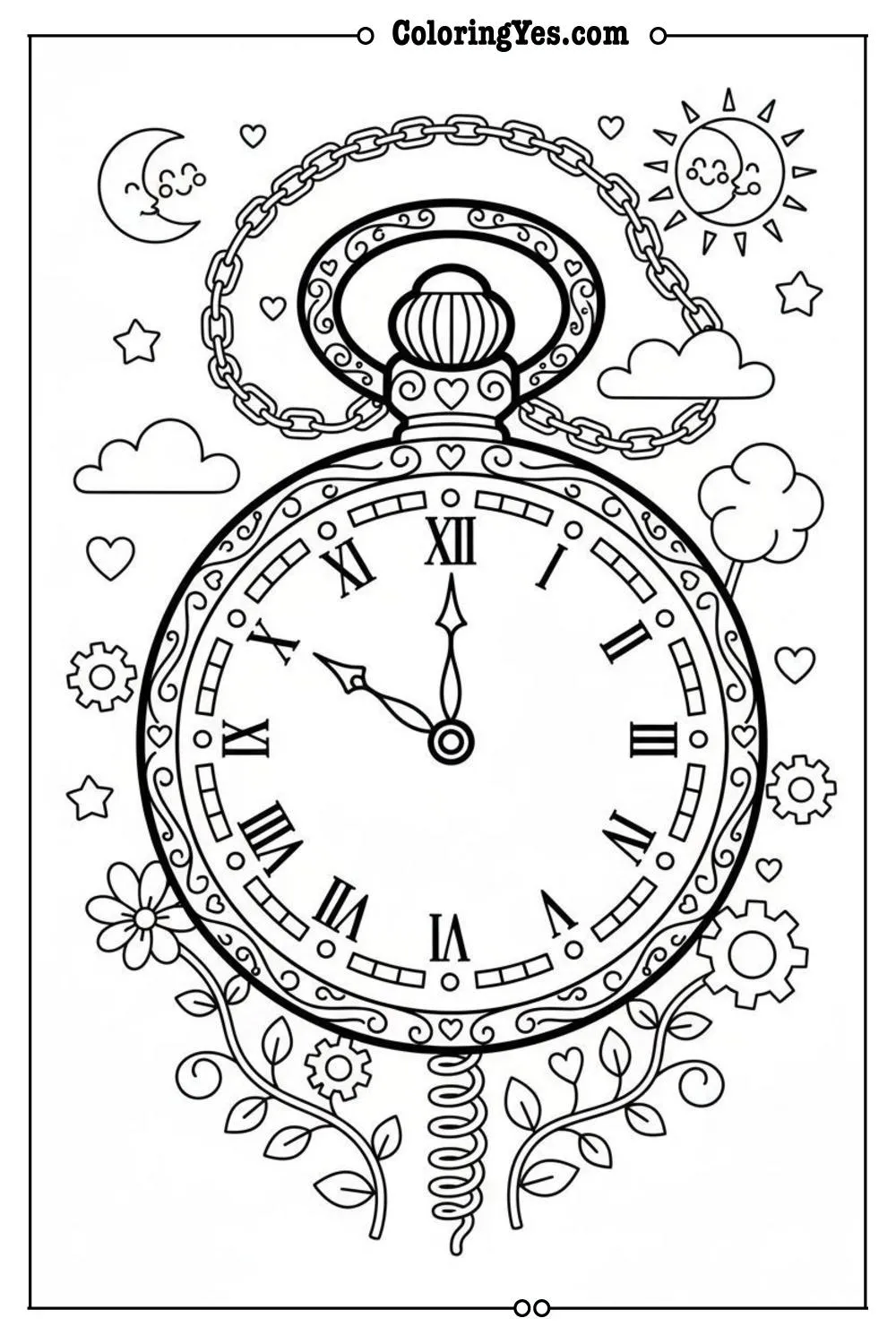 Vintage pocket watch coloring pages for adults-baroque pocket watch coloring-Coloringyes.com