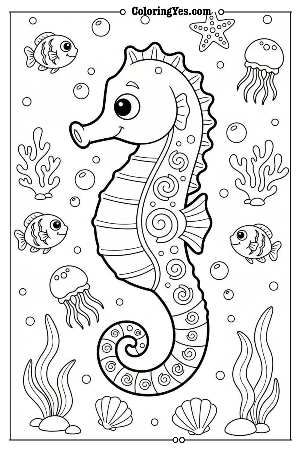 printable ocean animals coloring sheets-printable seahorse coloring-Coloringyes.com