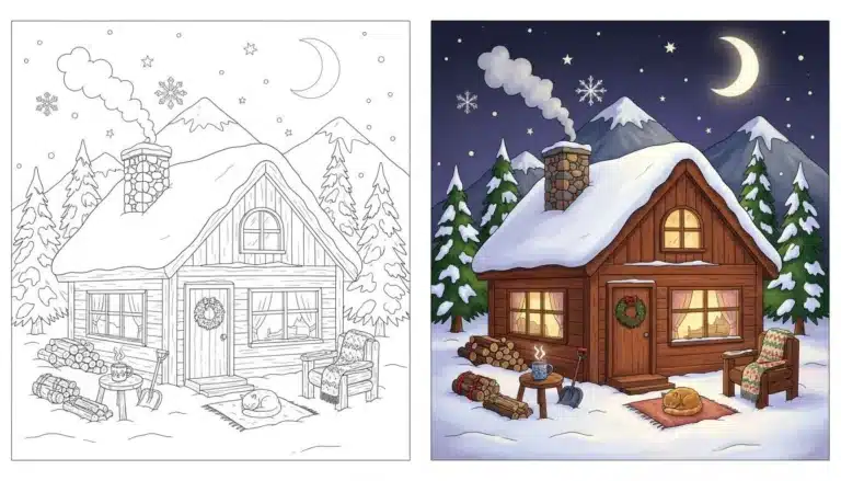 Cozy hygge winter cabin coloring pages-Coloringyes.com