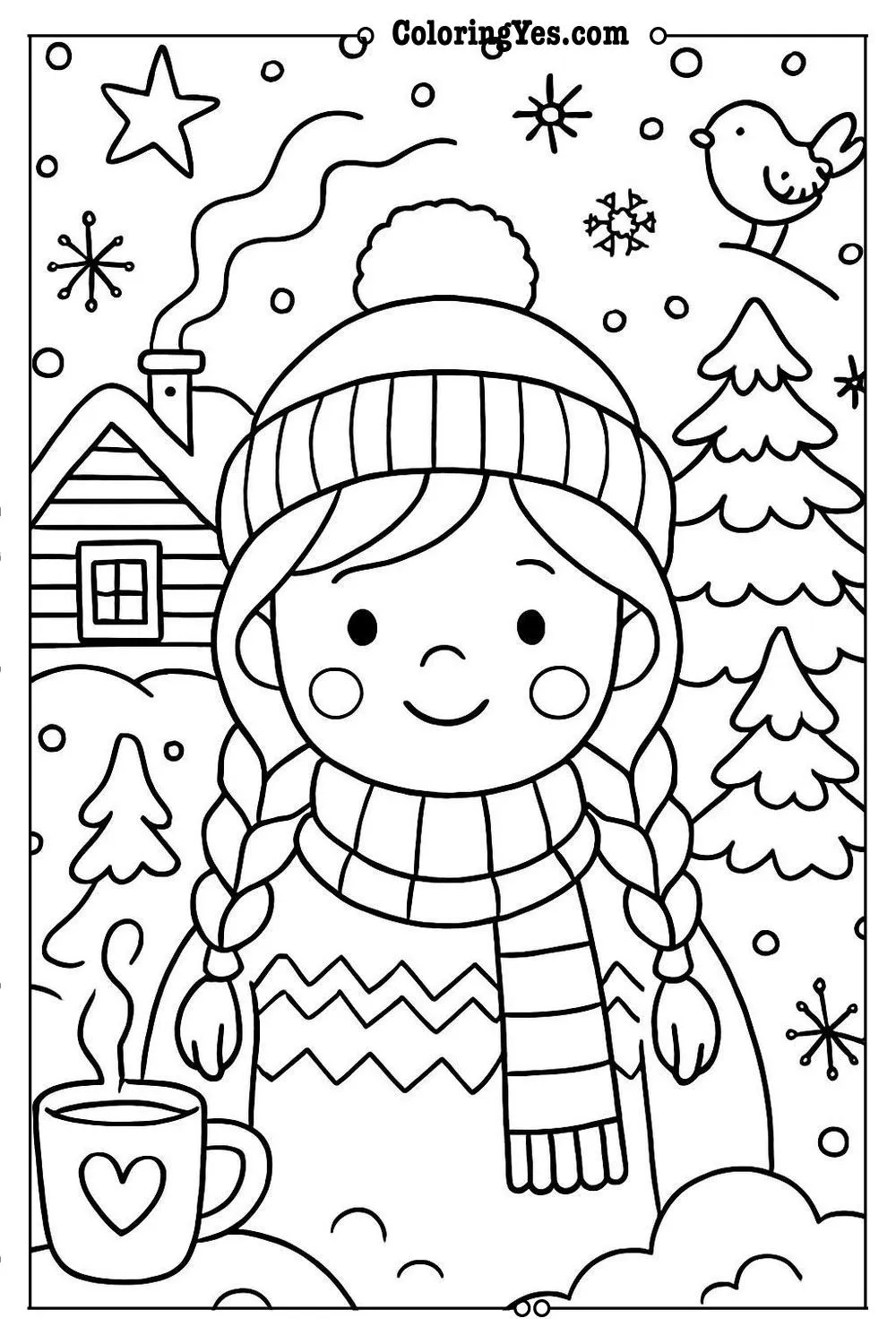 Cozy hygge winter cabin coloring pages-Nordic-Coloringyes.com