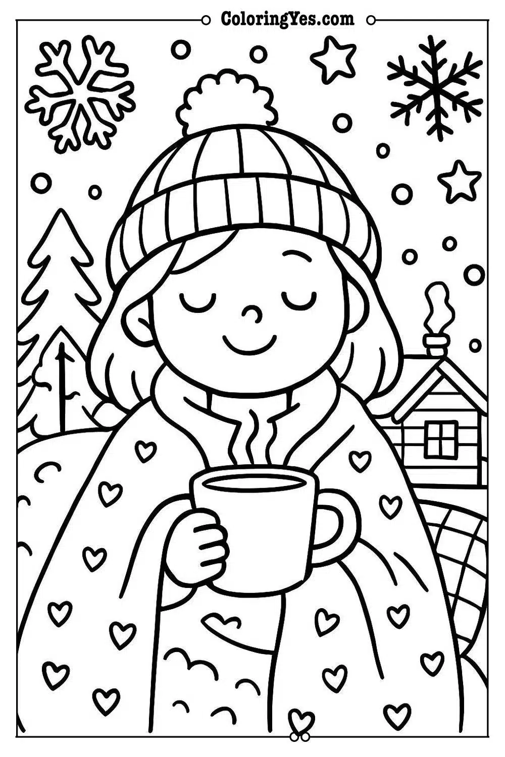 Cozy hygge winter cabin coloring pages-blankets-Coloringyes.com