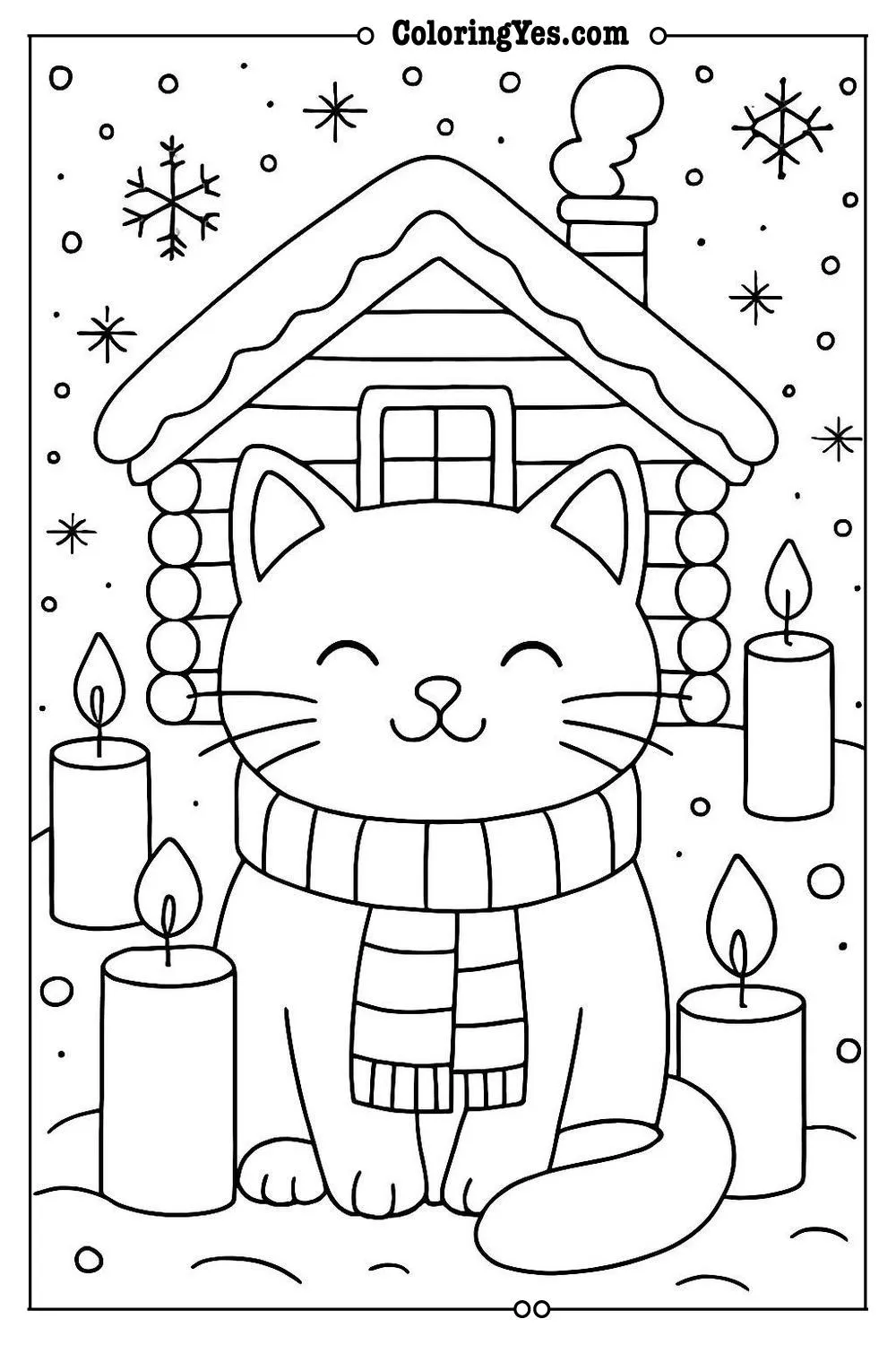 Cozy hygge winter cabin coloring pages-candles-Coloringyes.com