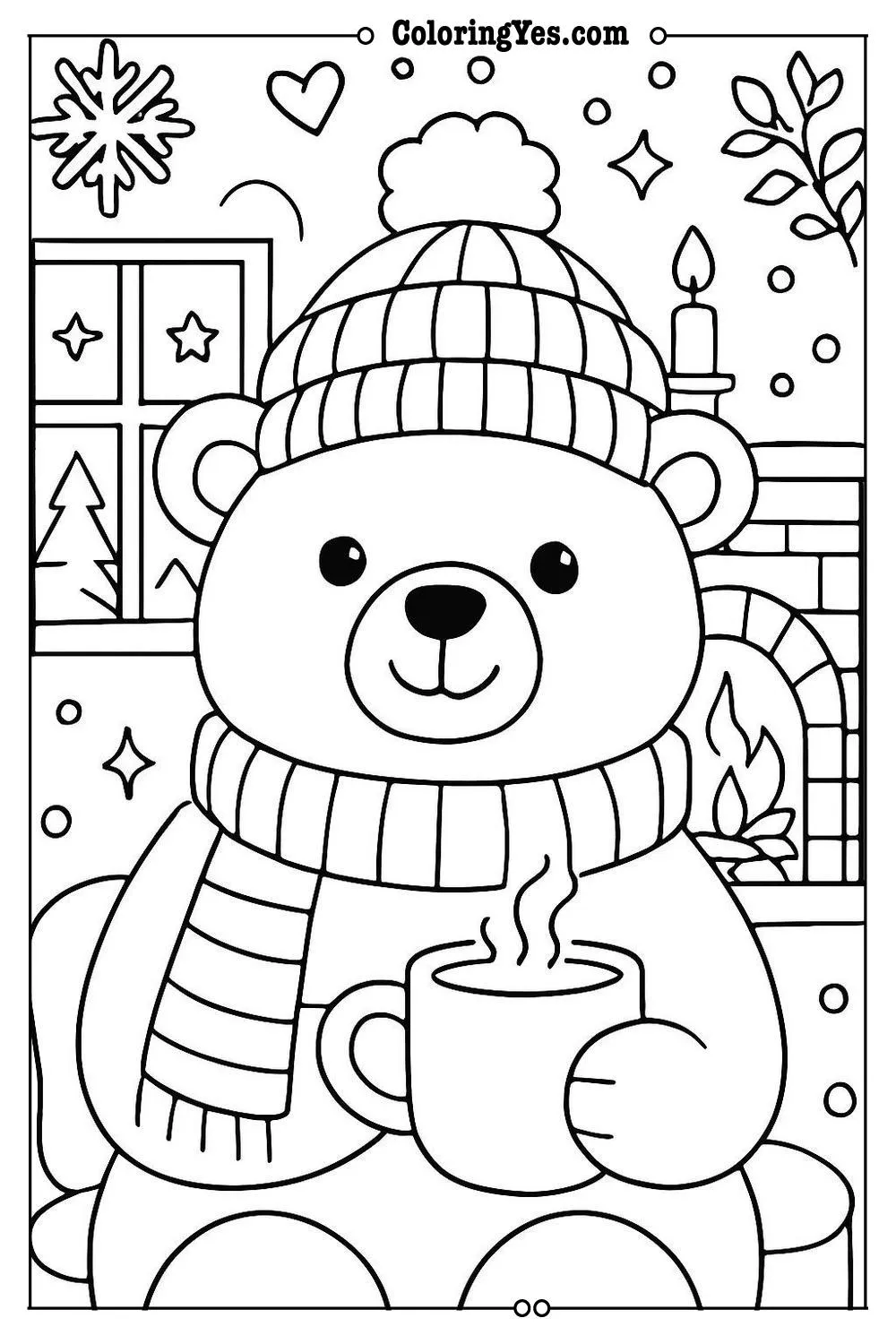 Cozy hygge winter cabin coloring pages-fireplace-Coloringyes.com