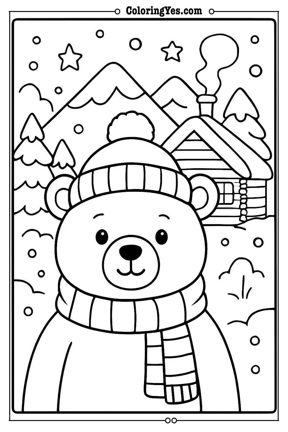 Cozy hygge winter cabin coloring pages-mountains-Coloringyes.com