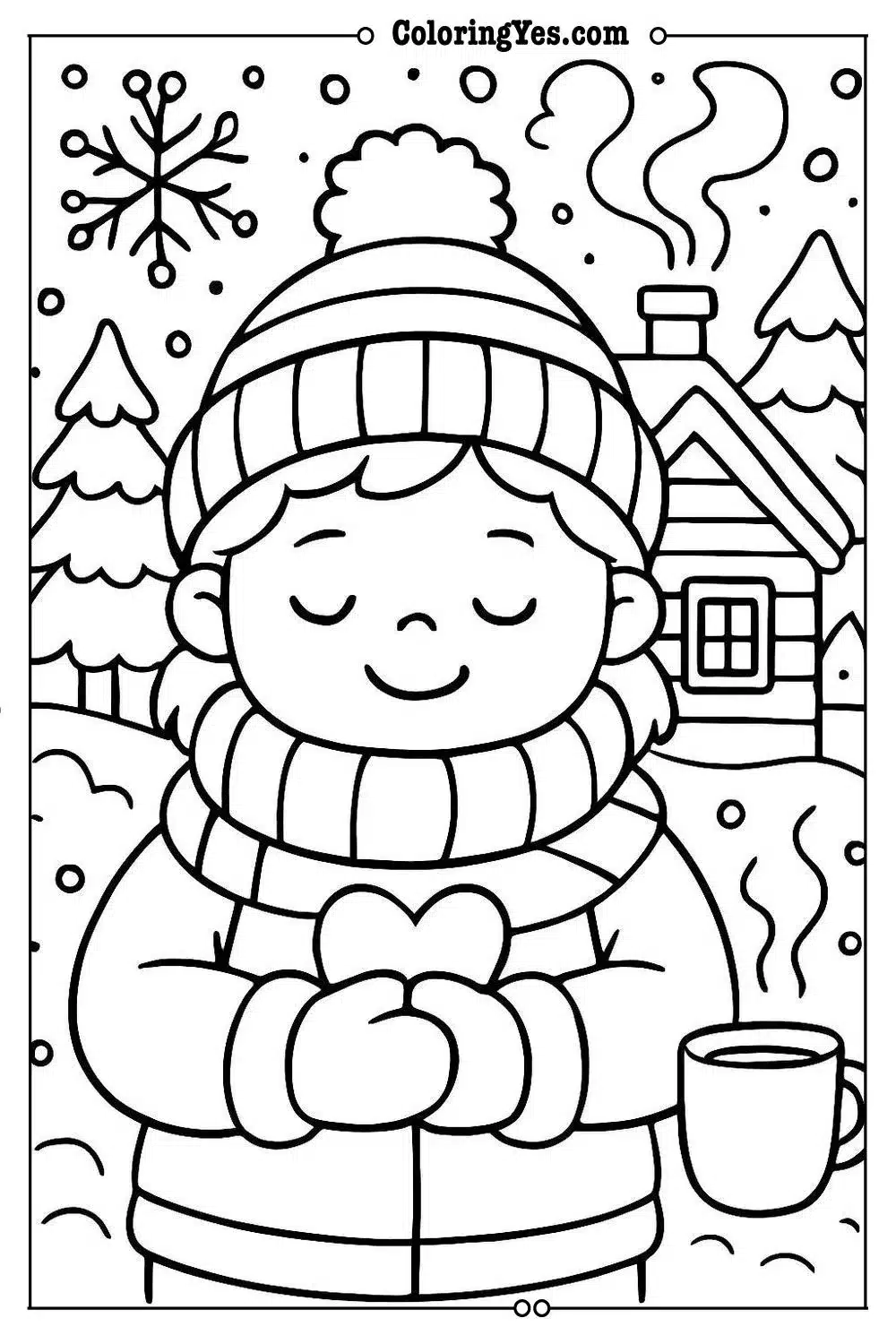 Cozy hygge winter cabin coloring pages-peaceful-Coloringyes.com