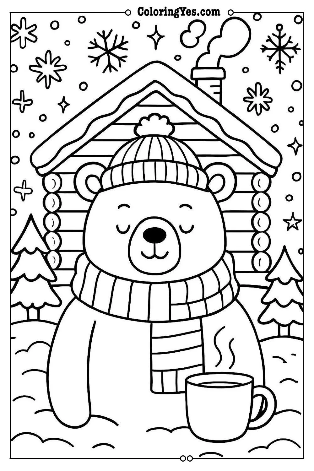 Cozy hygge winter cabin coloring pages-rustic-Coloringyes.com