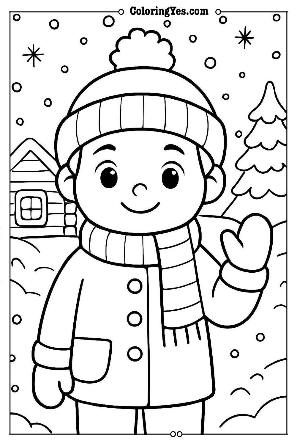 Cozy hygge winter cabin coloring pages-snow-Coloringyes.com