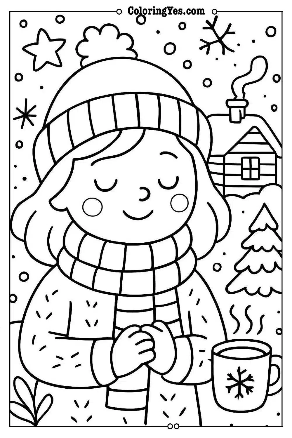 Cozy hygge winter cabin coloring pages-snug-Coloringyes.com