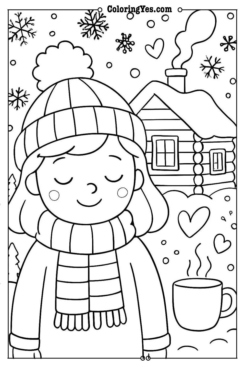 Cozy hygge winter cabin coloring pages-tranquil-Coloringyes.com