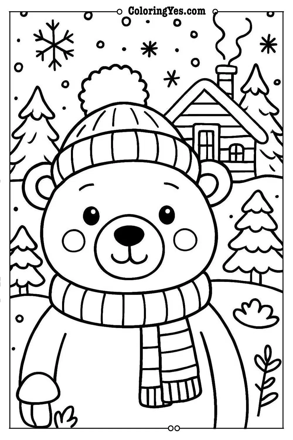 Cozy hygge winter cabin coloring pages-woodland-Coloringyes.com
