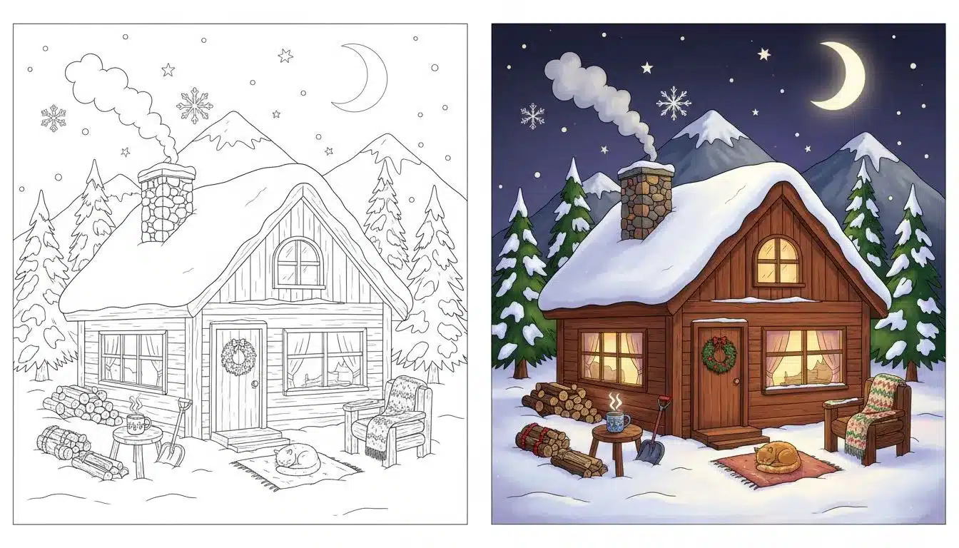 Cozy hygge winter cabin coloring pages-Coloringyes.com