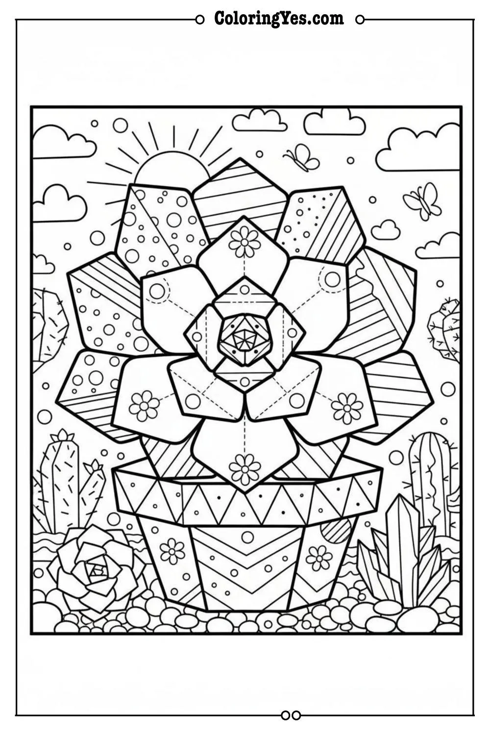 Geometric succulent garden coloring pages -mosaic-Coloringyes.com