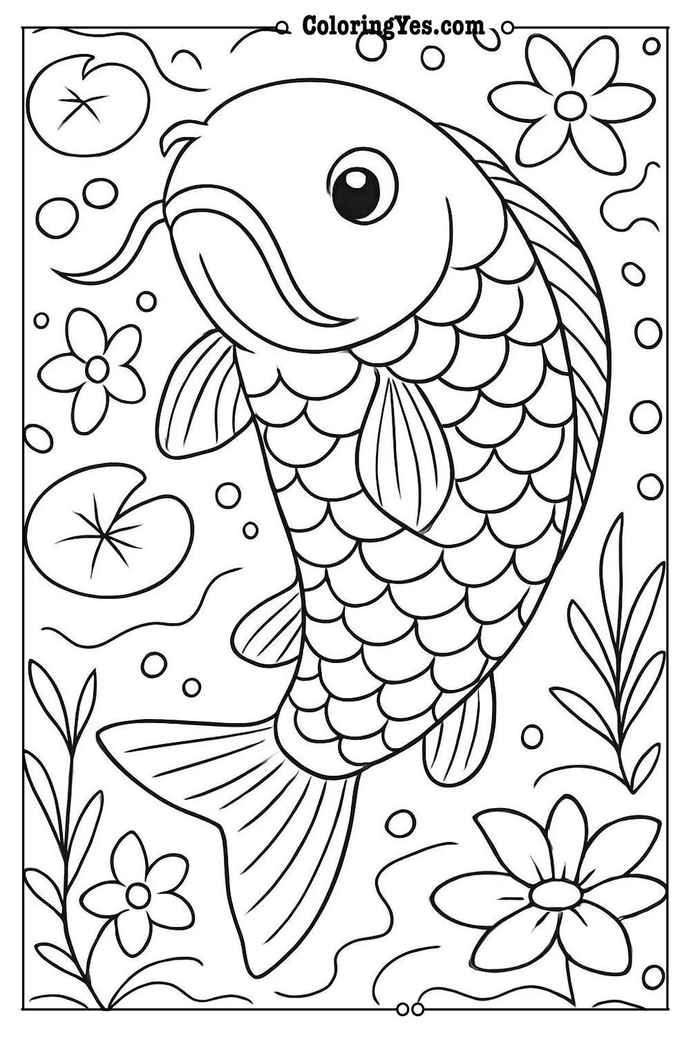 Traditional Japanese koi fish pond coloring pages-Japanese-Coloringyes.com
