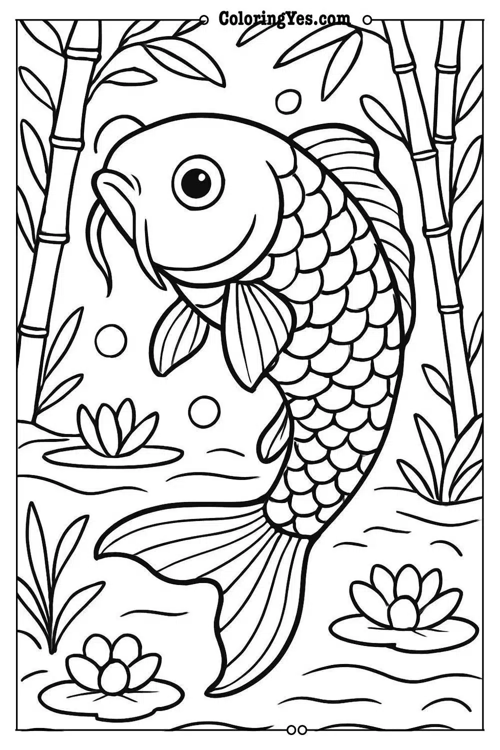 Traditional Japanese koi fish pond coloring pages-bamboo-Coloringyes.com