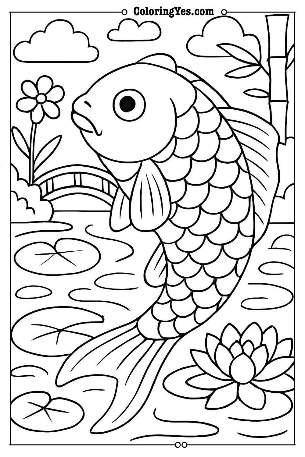 Traditional Japanese koi fish pond coloring pages-garden-Coloringyes.com