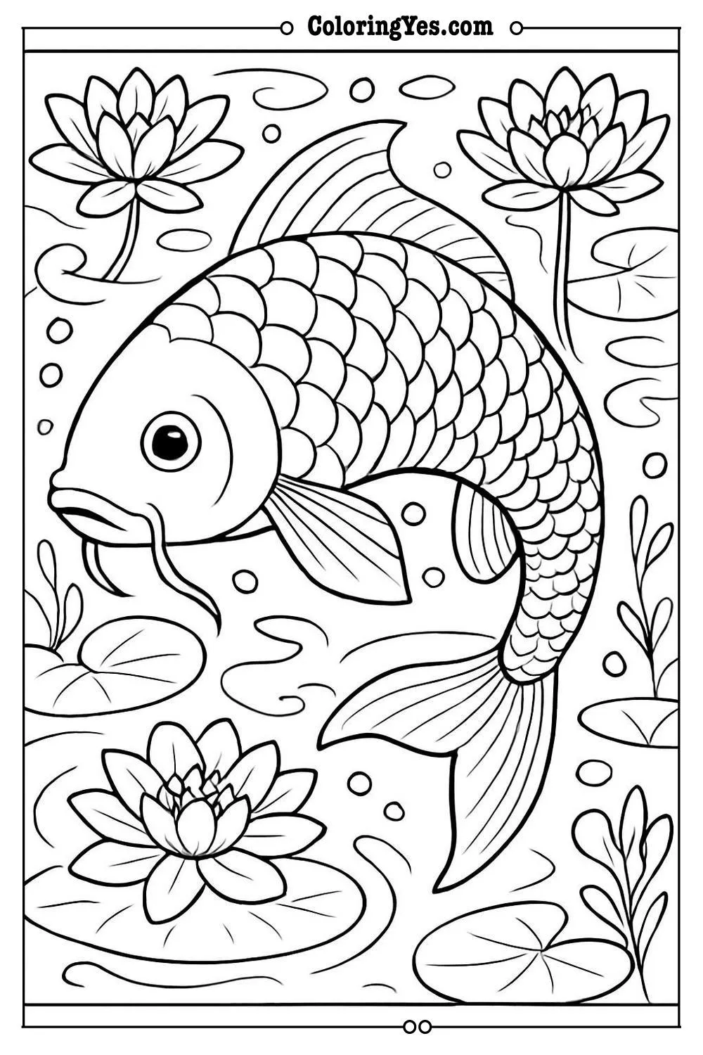 Traditional Japanese koi fish pond coloring pages-intricate-Coloringyes.com
