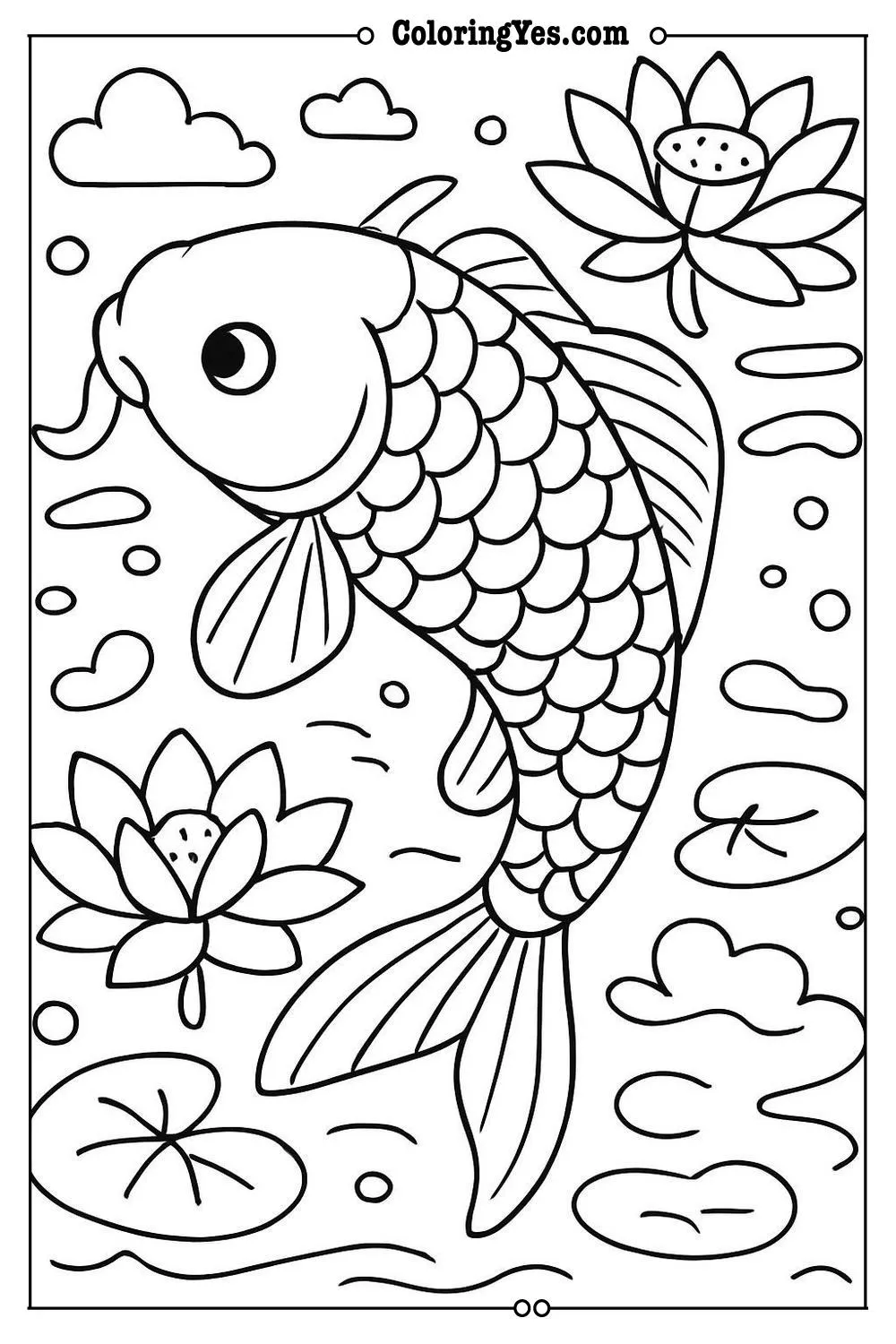 Traditional Japanese koi fish pond coloring pages-lotus-Coloringyes.com