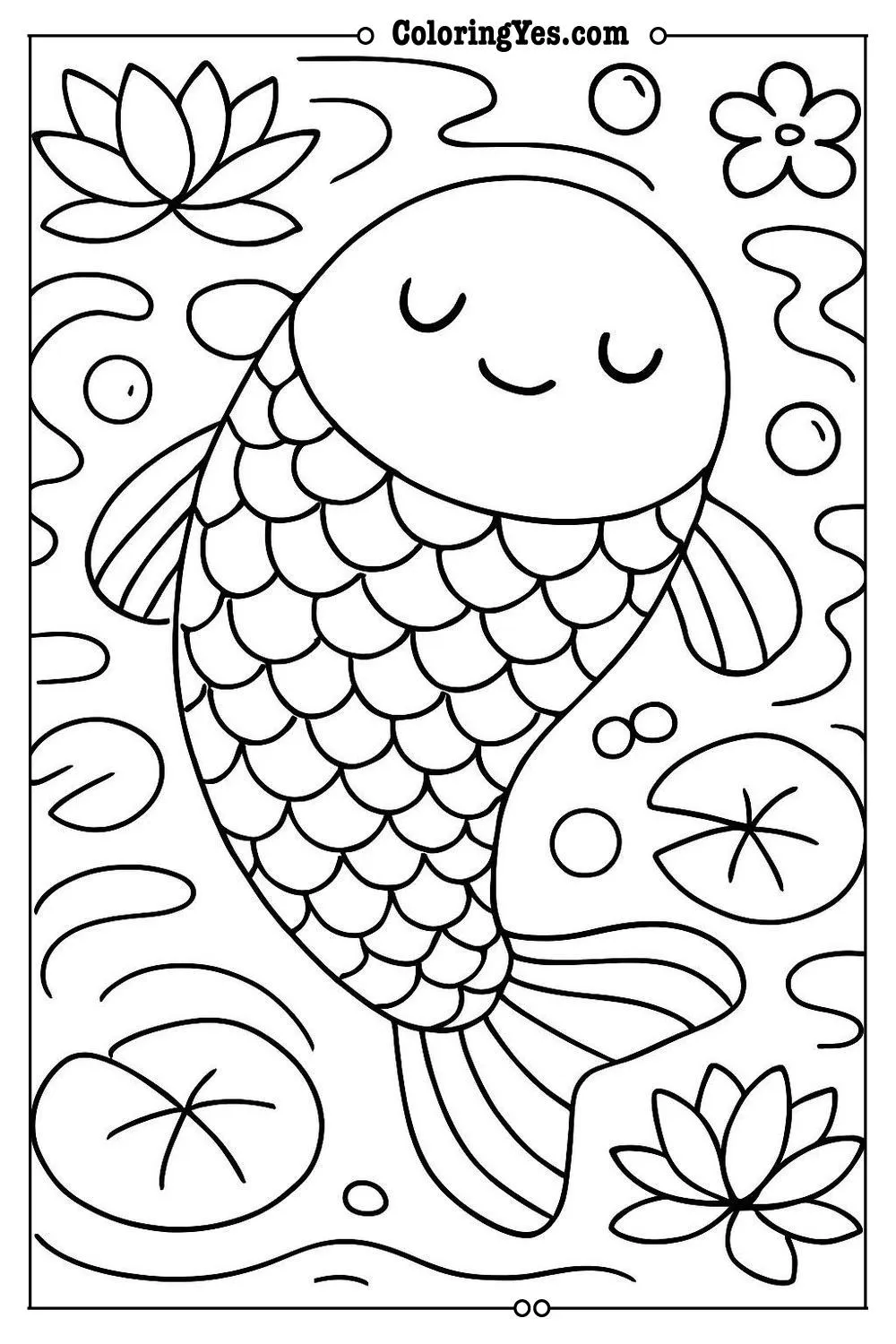 Traditional Japanese koi fish pond coloring pages-meditation-Coloringyes.com