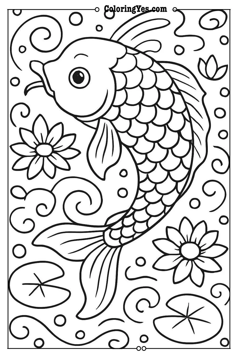 Traditional Japanese koi fish pond coloring pages-oriental-Coloringyes.com