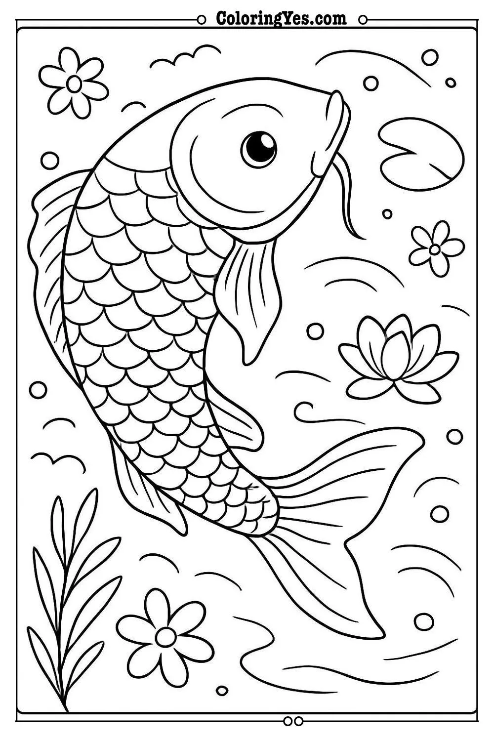 Traditional Japanese koi fish pond coloring pages-peaceful-Coloringyes.com