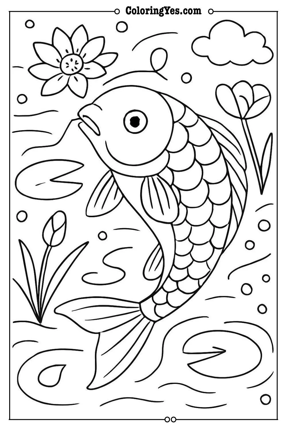 Traditional Japanese koi fish pond coloring pages-serene-Coloringyes.com