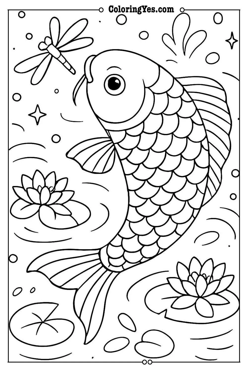 Traditional Japanese koi fish pond coloring pages-tranquil-Coloringyes.com