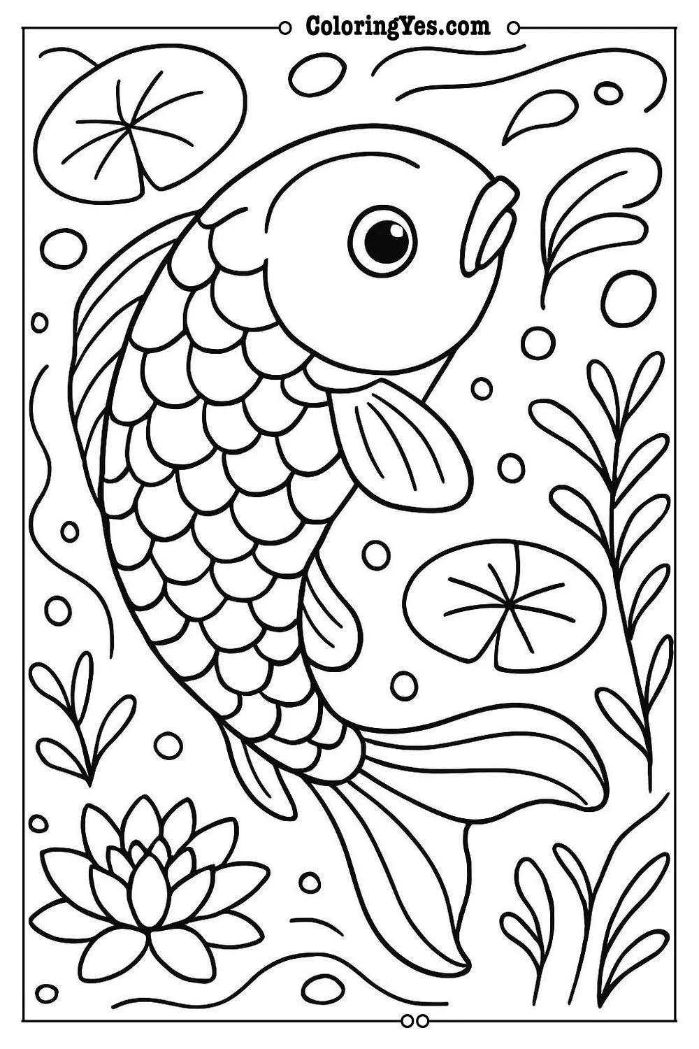 Traditional Japanese koi fish pond coloring pages-watercolor-Coloringyes.com