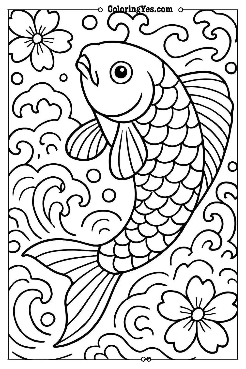 Traditional Japanese koi fish pond coloring pages-waves-Coloringyes.com