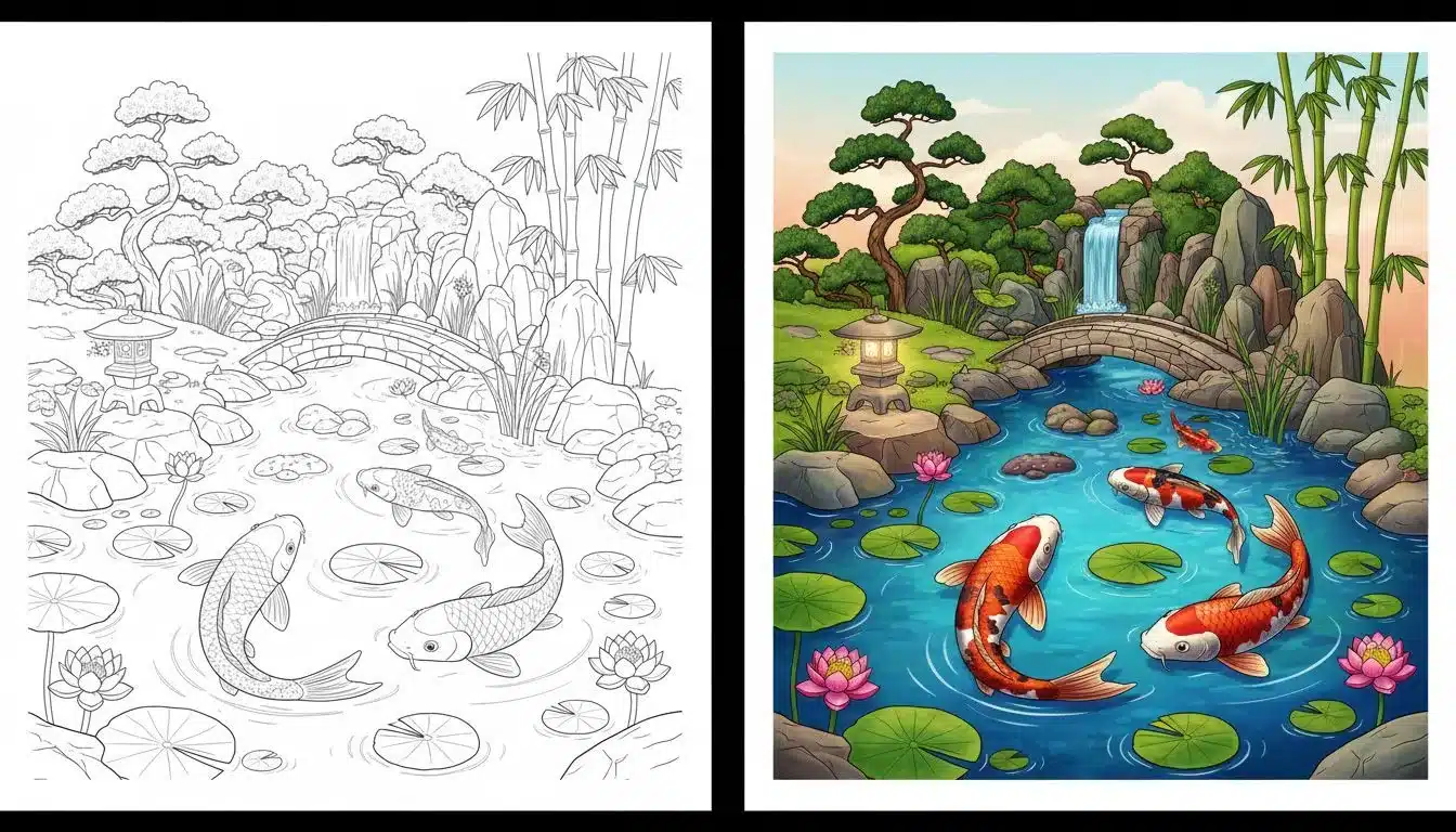 Traditional Japanese koi fish pond coloring pages-Coloringyes.com