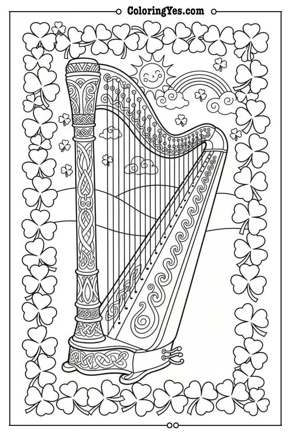 irish harp with shamrock border coloring page
