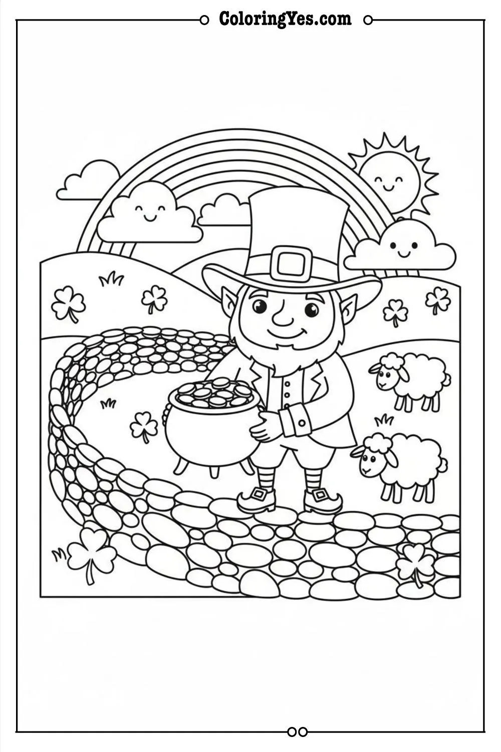 irish landscape with hills and stone wall coloring page
