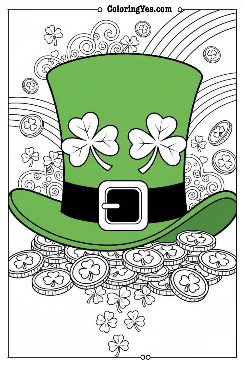 leprechaun hat with four leaf clovers and gold coins