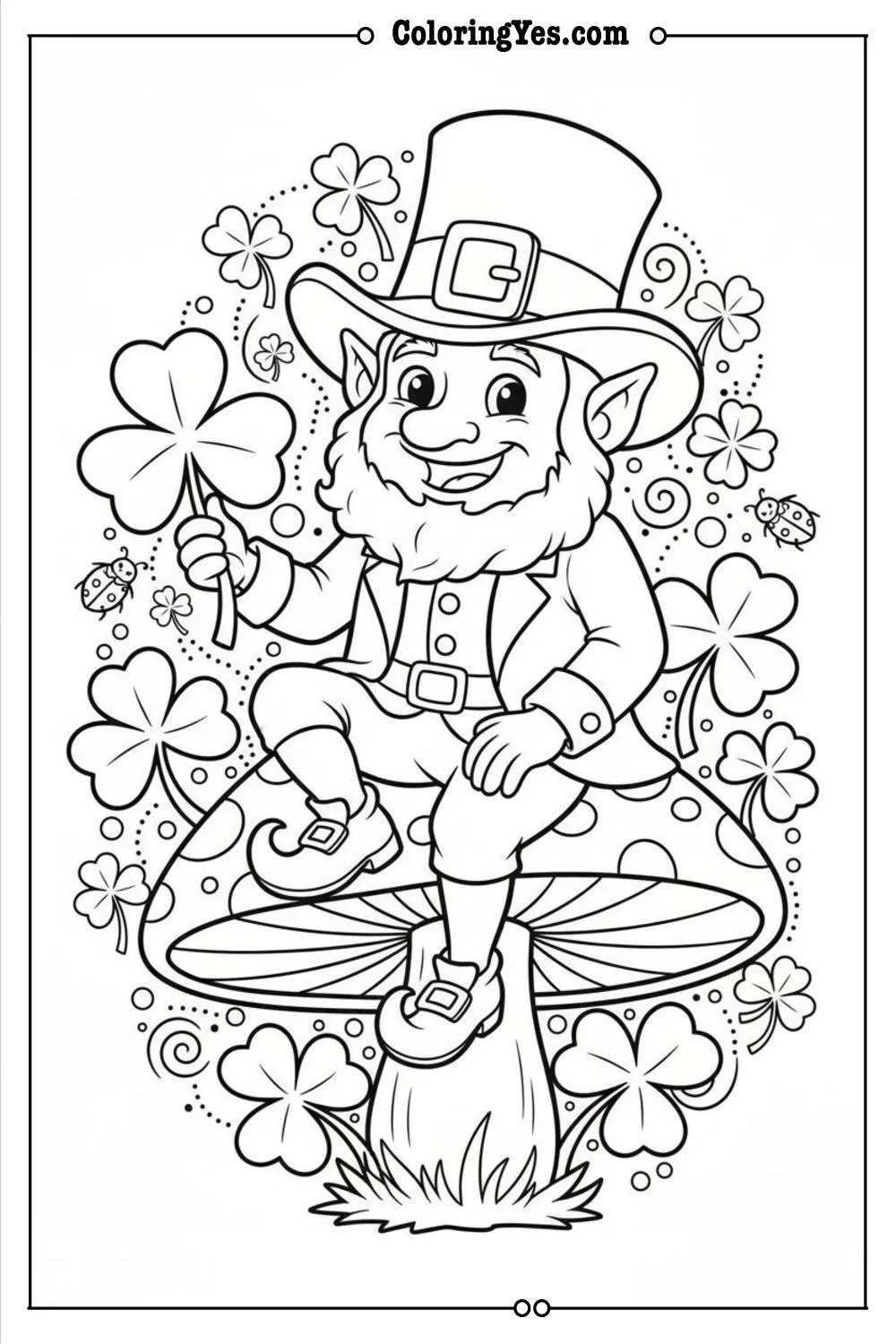 little leprechaun sitting on mushroom with clovers