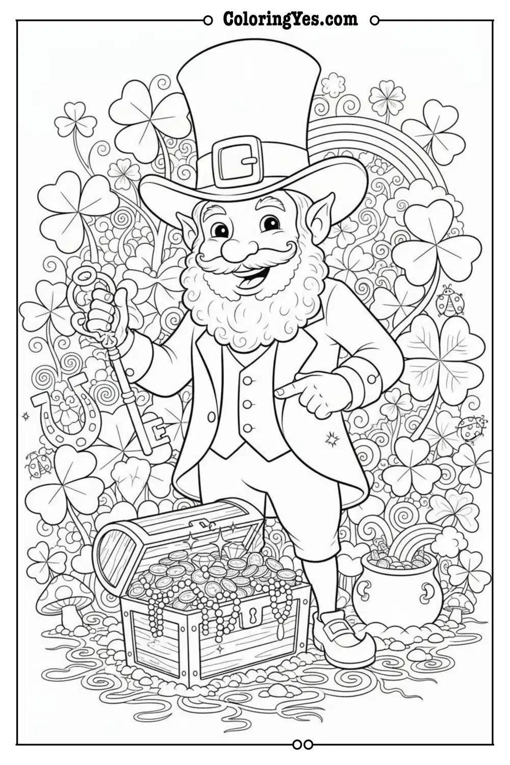 lucky clover field with hidden treasure coloring page