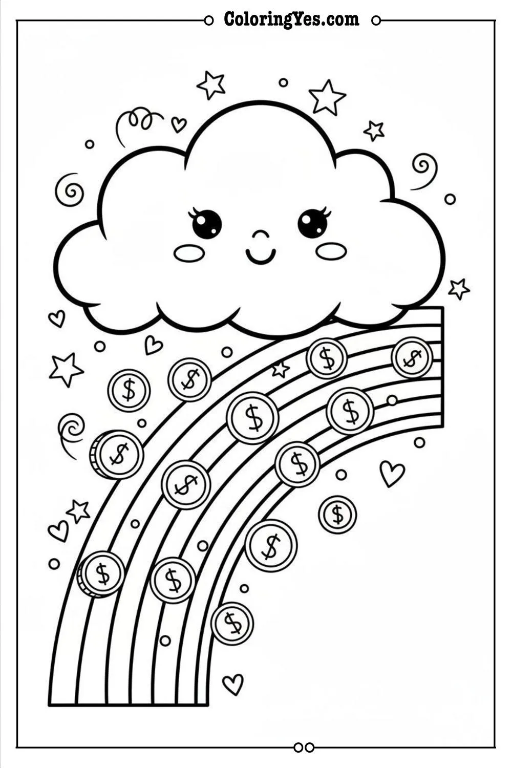 magical rainbow and cloud with falling gold coins