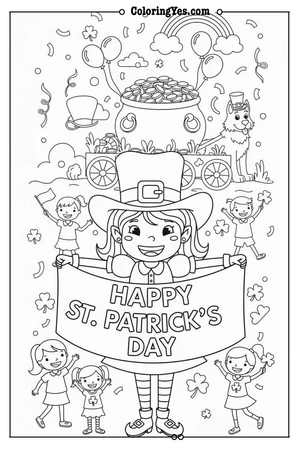 st patrick's day parade scene with kids and floats