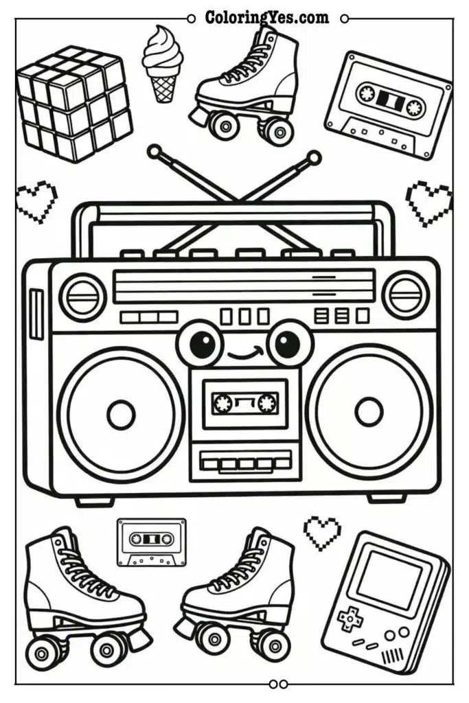 80s vintage objects coloring page