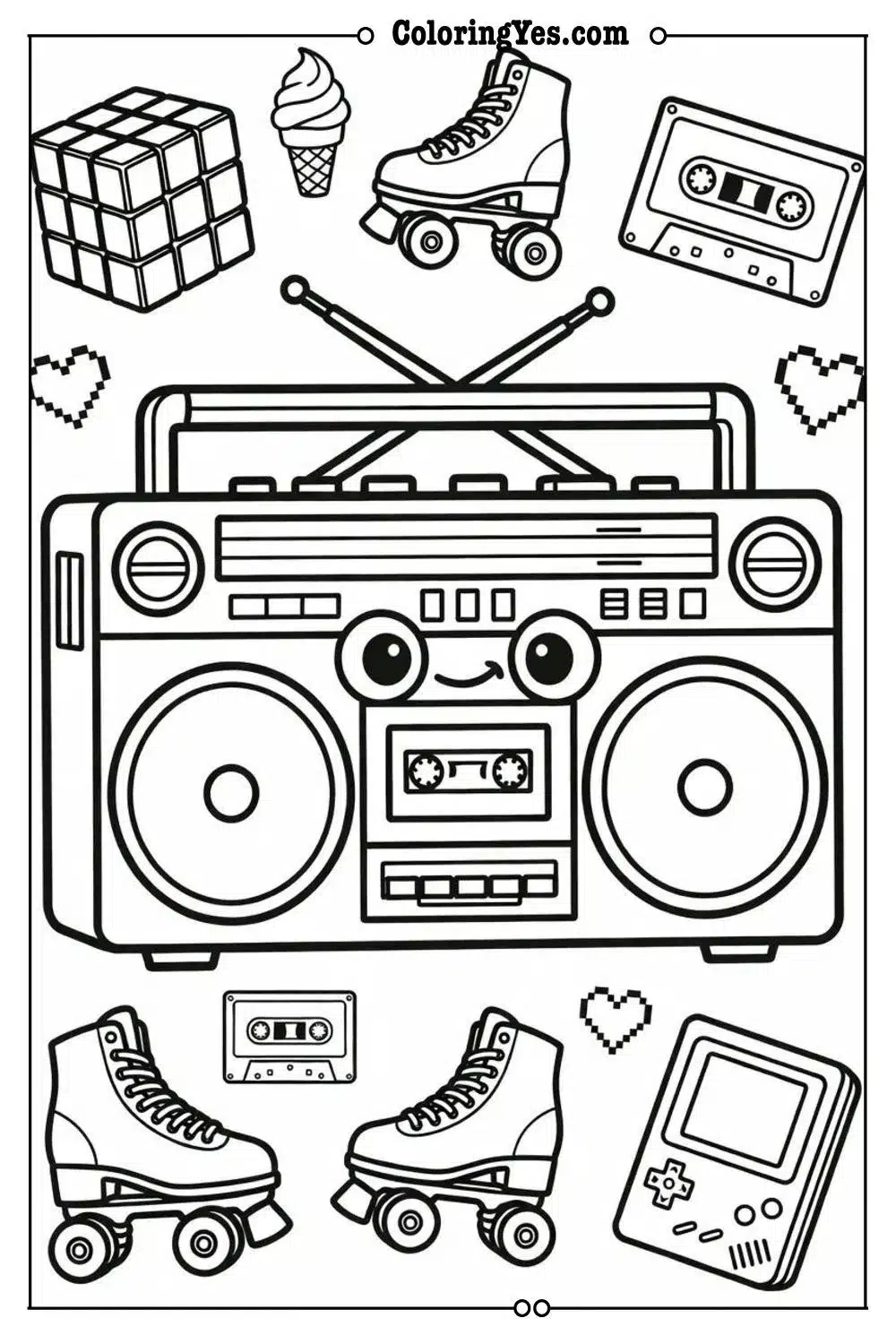80s vintage objects coloring page
