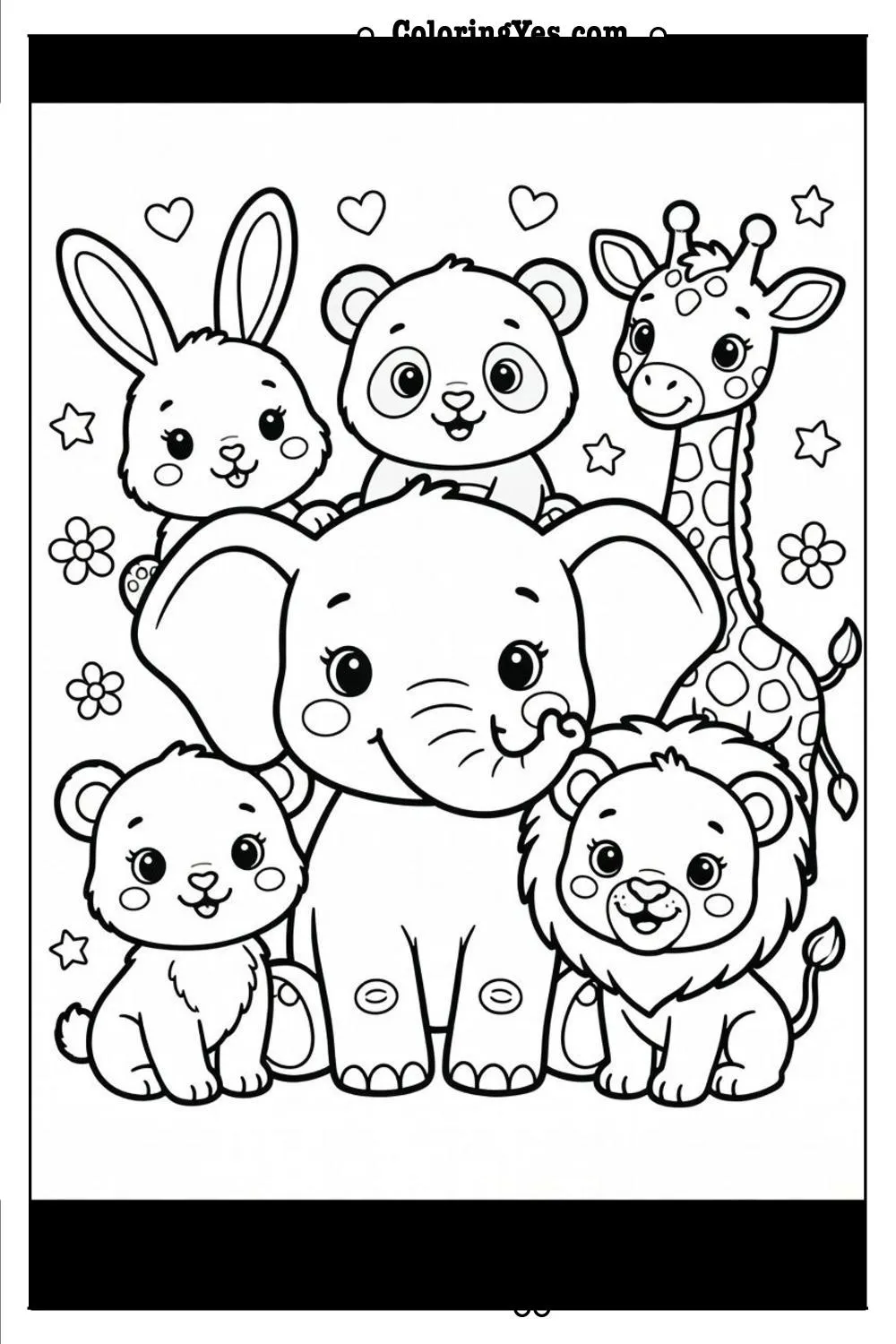 baby animals group coloring page cute style