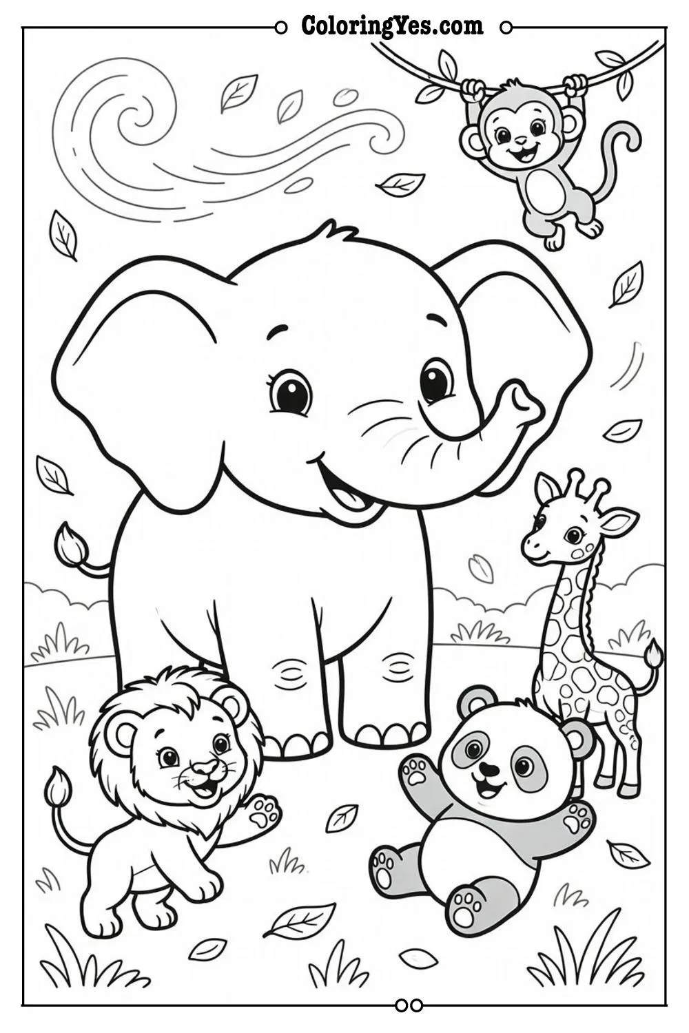 baby animals playing coloring page scene