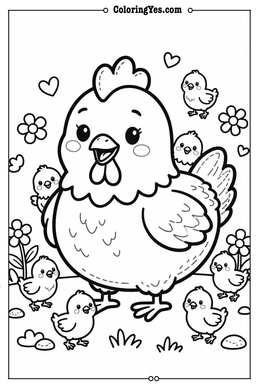 chicken and chicks coloring page cute style
