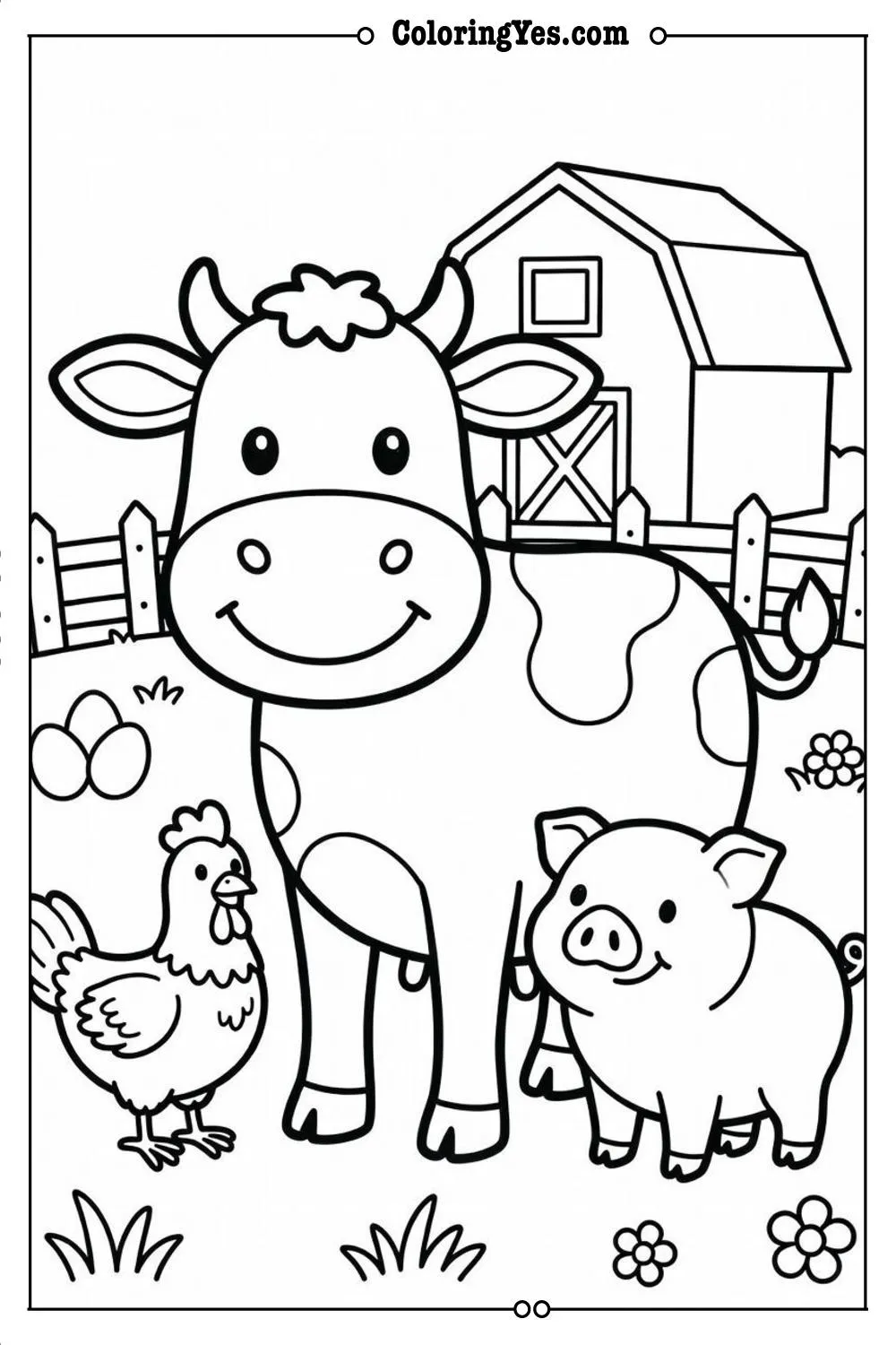 farm animals coloring page cow pig chicken outline
