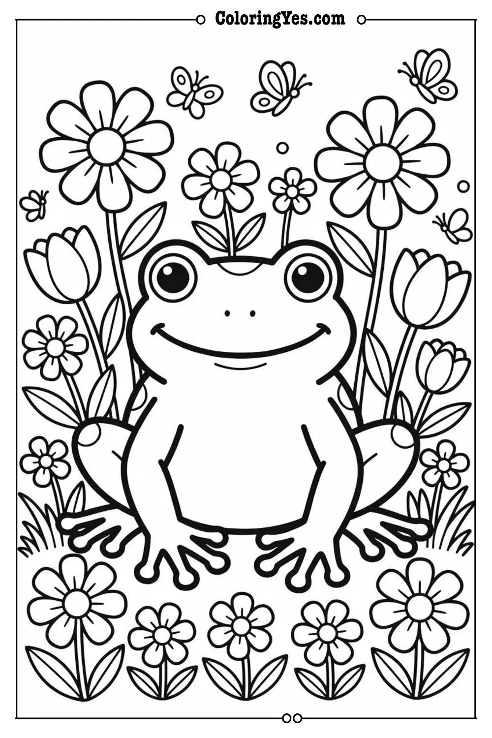 frog and flowers coloring page spring theme