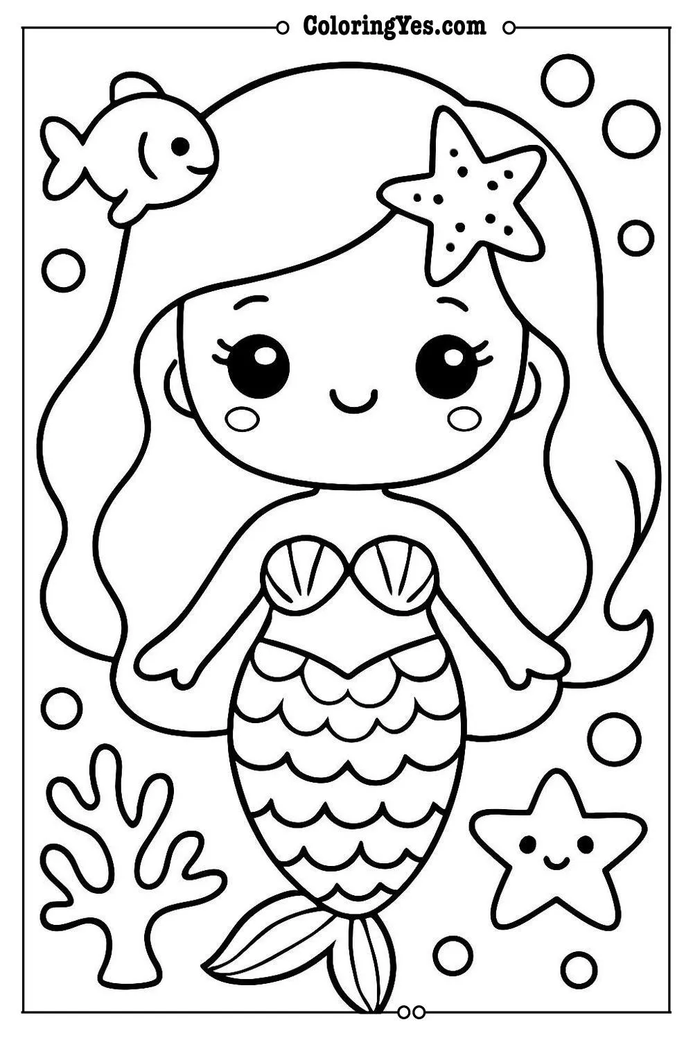 kawaii mermaid coloring page